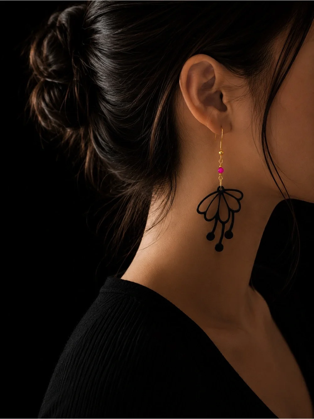 Black Floral Bloom Dangle Earrings with Pink Crystal Beads